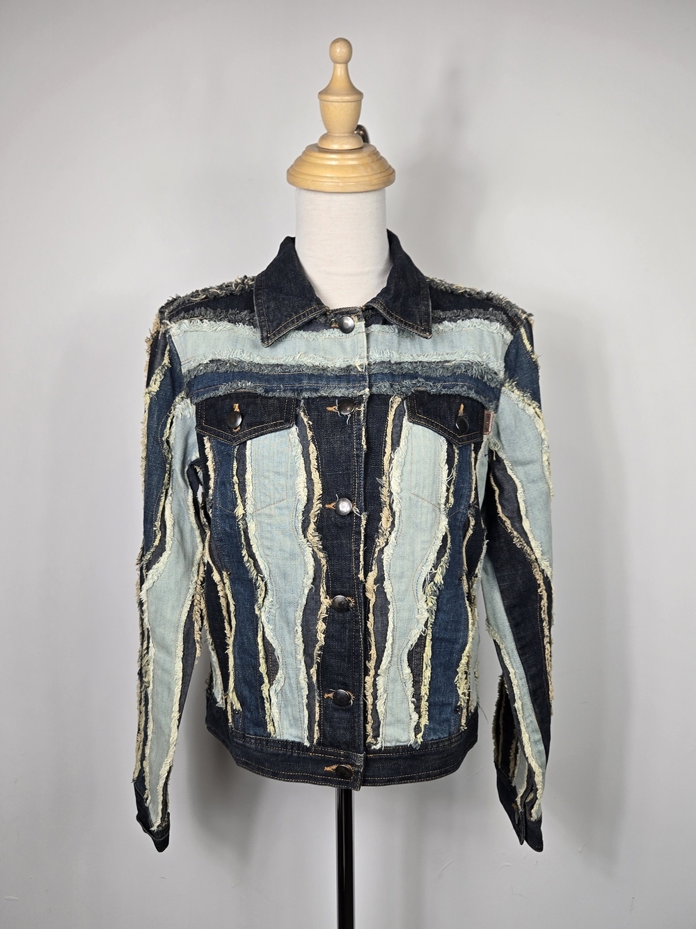 Rare Moschino Jeans Frayed Patchwork Denim Jacket Y2K Boho Grunge Size 8 Luxury - Picture 2 of 9